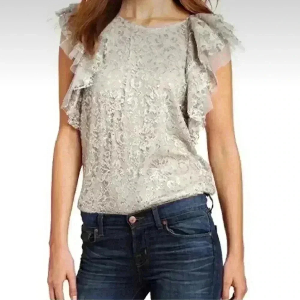 BCBG MaxAzria Steacy Silver Lace Ruffle Blouse SIZE XXS